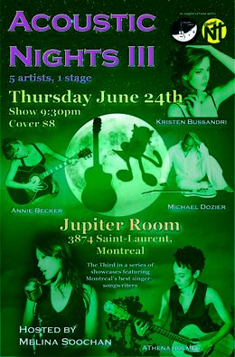 Nuits Acoustiques 3, animé par Melina Soochan - 5 artistes, 1 scène - le 24 juin 2010. Affiche dessinée par Mehdi Cee.