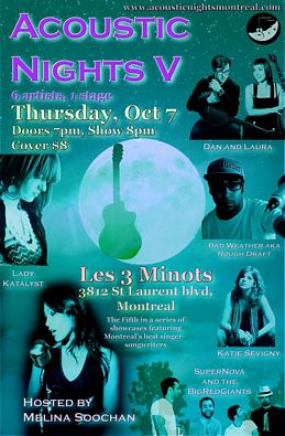 Nuits Acoustiques 5, animé par Melina Soochan - 5 artistes, 1 scène - le 7 octobre 2010. Affiche dessinée par Mehdi Cee.