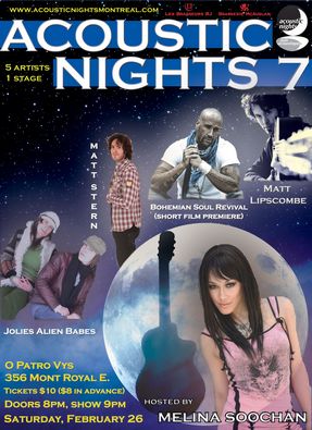 Nuits Acoustiques 7, animé par Melina Soochan - 6 artistes, 1 scène - le 26 février 2011 chez O Patro Vys. Affiche dessinée par Mehdi Cee.
